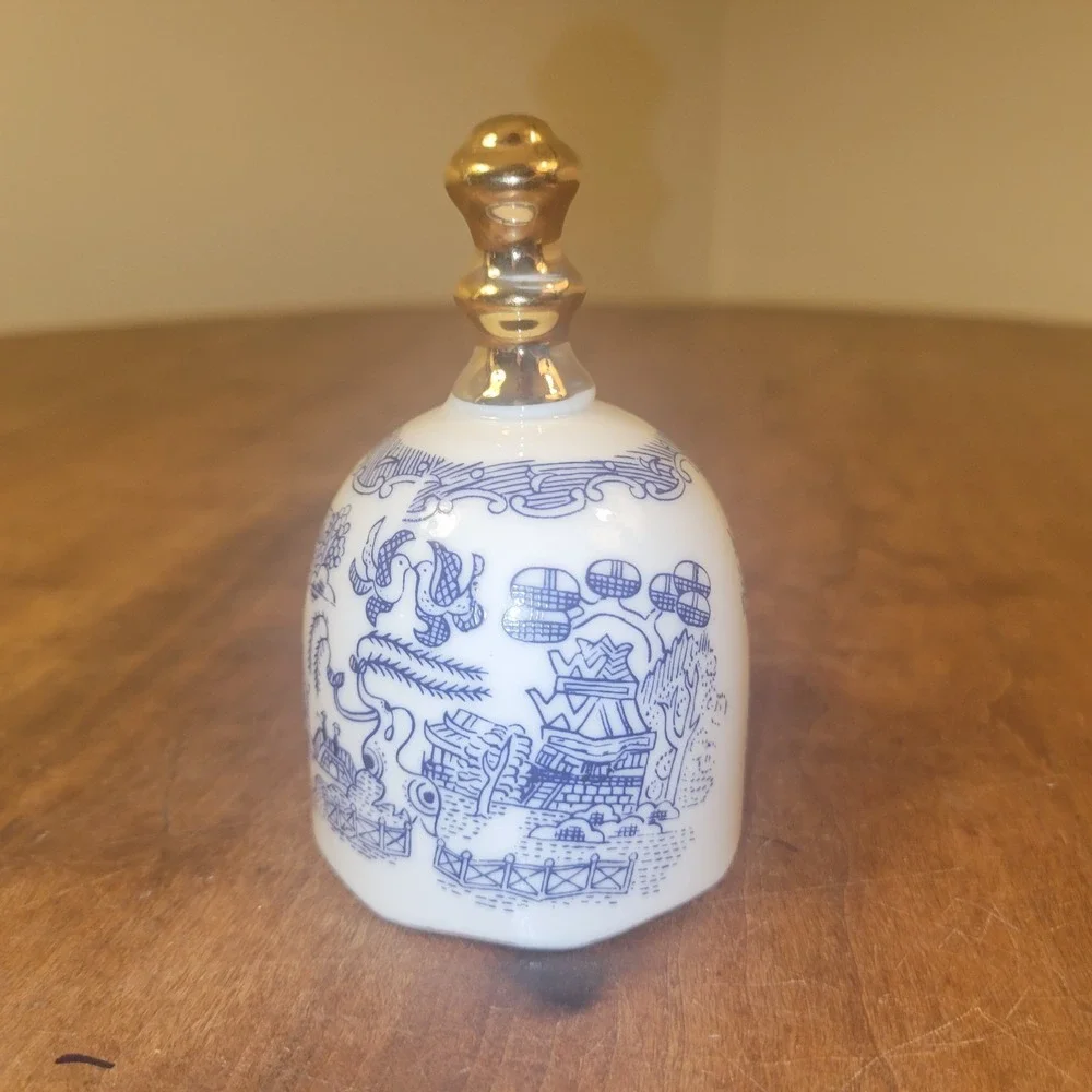Vintage Blue Danube Enesco Japan Blue and White Bell With Gold Handle and Trim.